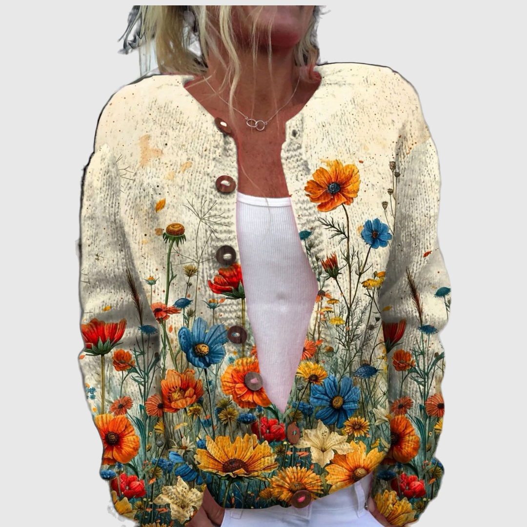 Linda cardigan with a bright summer meadow of daisies and wildflowers – Michael Toronto