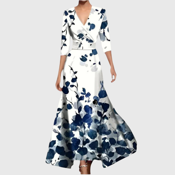 Woman wearing an elegant dress with a flattering silhouette, dressed for a day out.