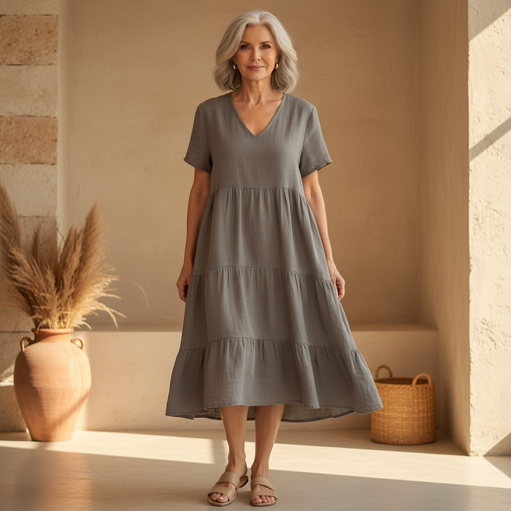 Woman wearing the Bonnie™ V-neck summer dress with a soft layered skirt, strolling on a sunny afternoon.