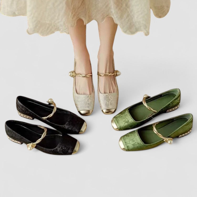 A woman wearing embellished green Mary Jane flats at a special occasion.
