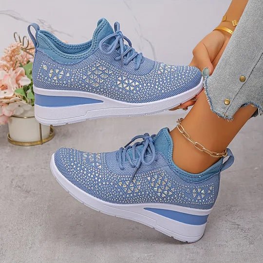 A woman walking comfortably outdoors in supportive everyday shoes.