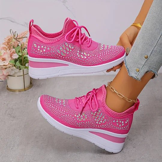 A woman walking comfortably outdoors in supportive everyday shoes.