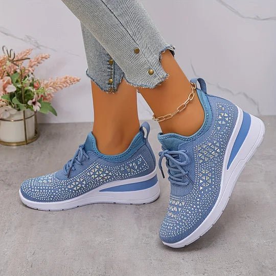 A woman walking comfortably outdoors in supportive everyday shoes.