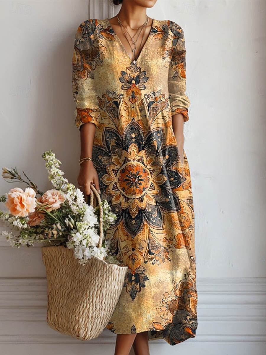 A woman wearing a relaxed, elegant everyday dress, at ease as she goes about her day.
