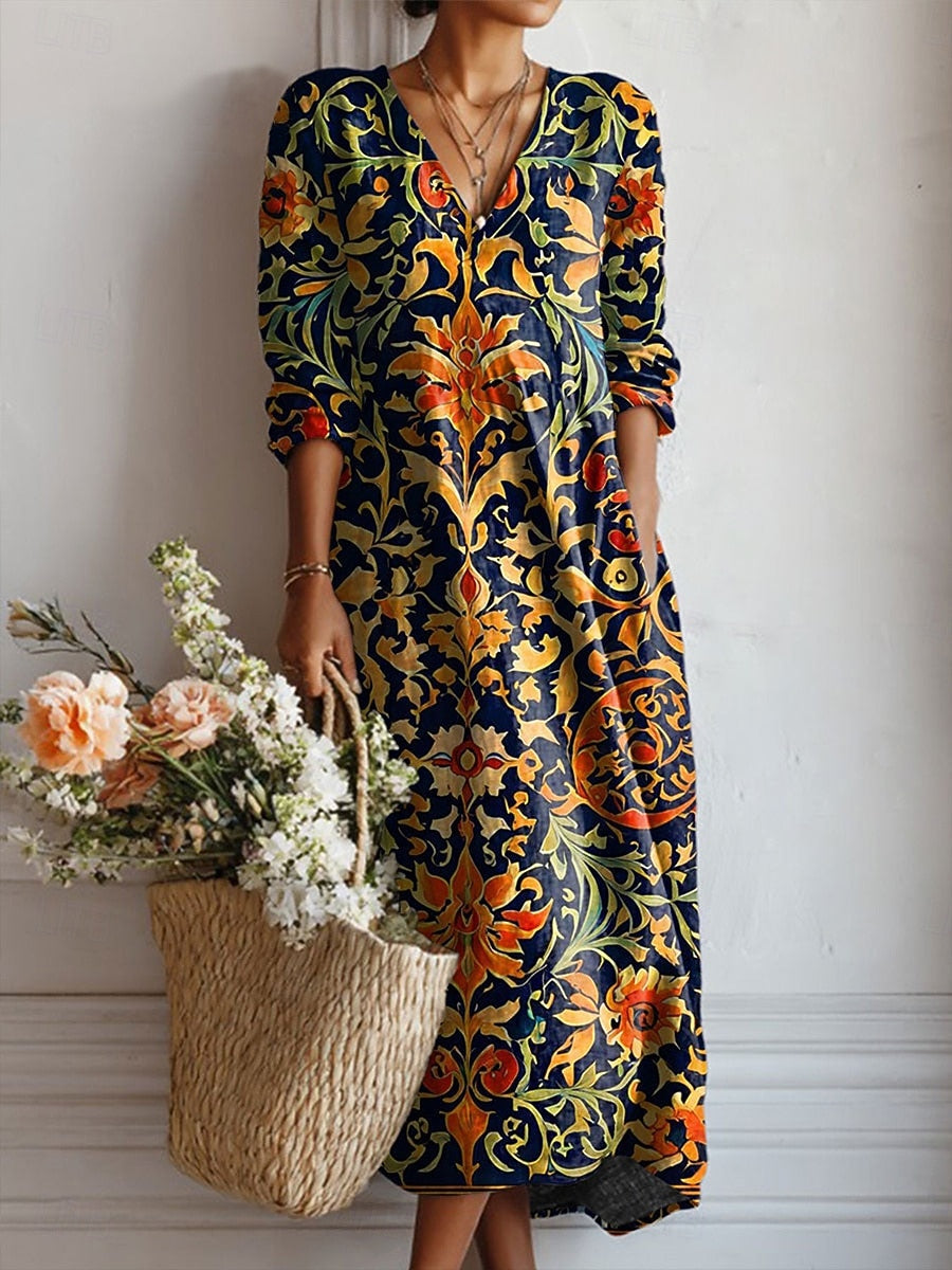 A woman wearing an airy, timeless everyday dress, relaxed and elegant as she heads out.